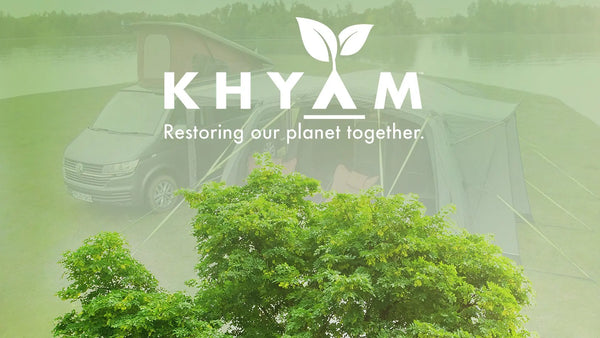 Graphic showing Khyam logo with ecologi green leaf variation in white at the top, surrounded by green camping background with tree top underneath.